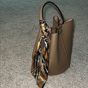 Elegant Taupe Bucket Bag with Scarf Accent